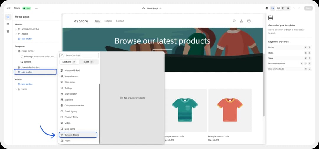 Opening the Shopify theme customizer to modify the layout and sections