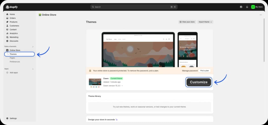 Clicking the ‘Customize’ button in the Shopify theme editor