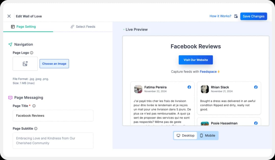Display settings for customizing Wall of Love