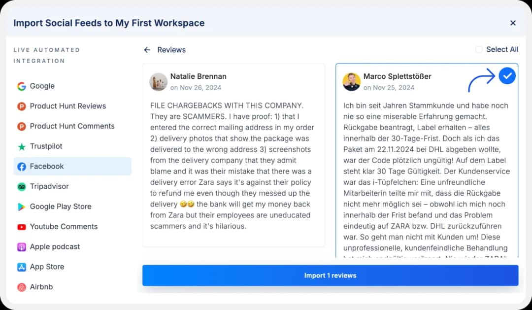 Choosing Facebook Review to import
