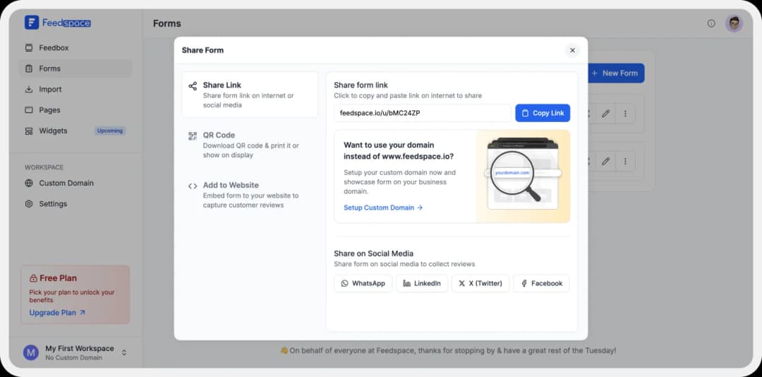 Feedspace form sharing page with social media and QR code options