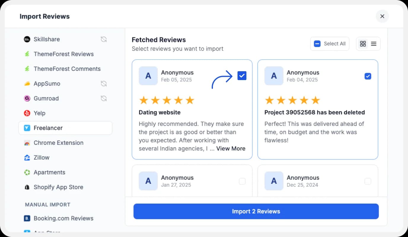 Import Freelancer Review to Feedspace