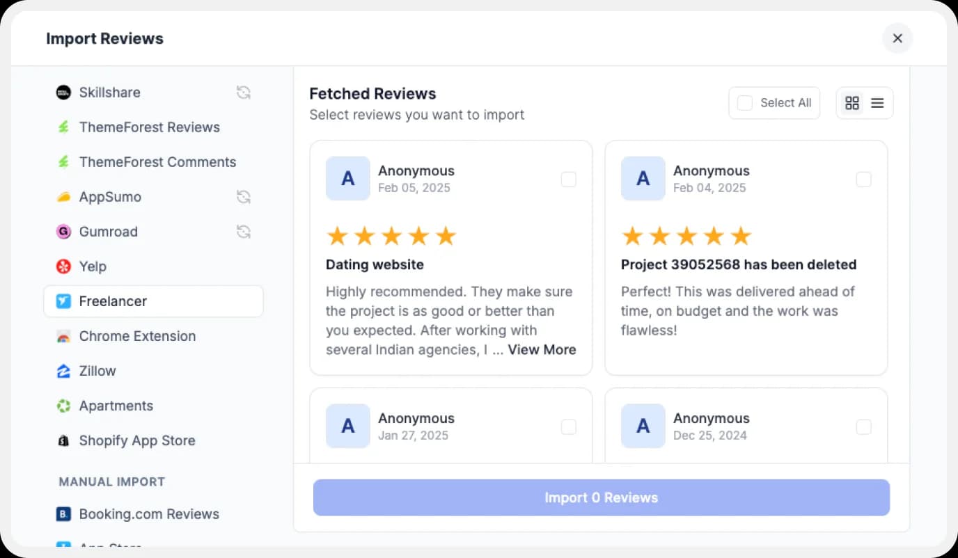 Preview of the list of reviews to import.