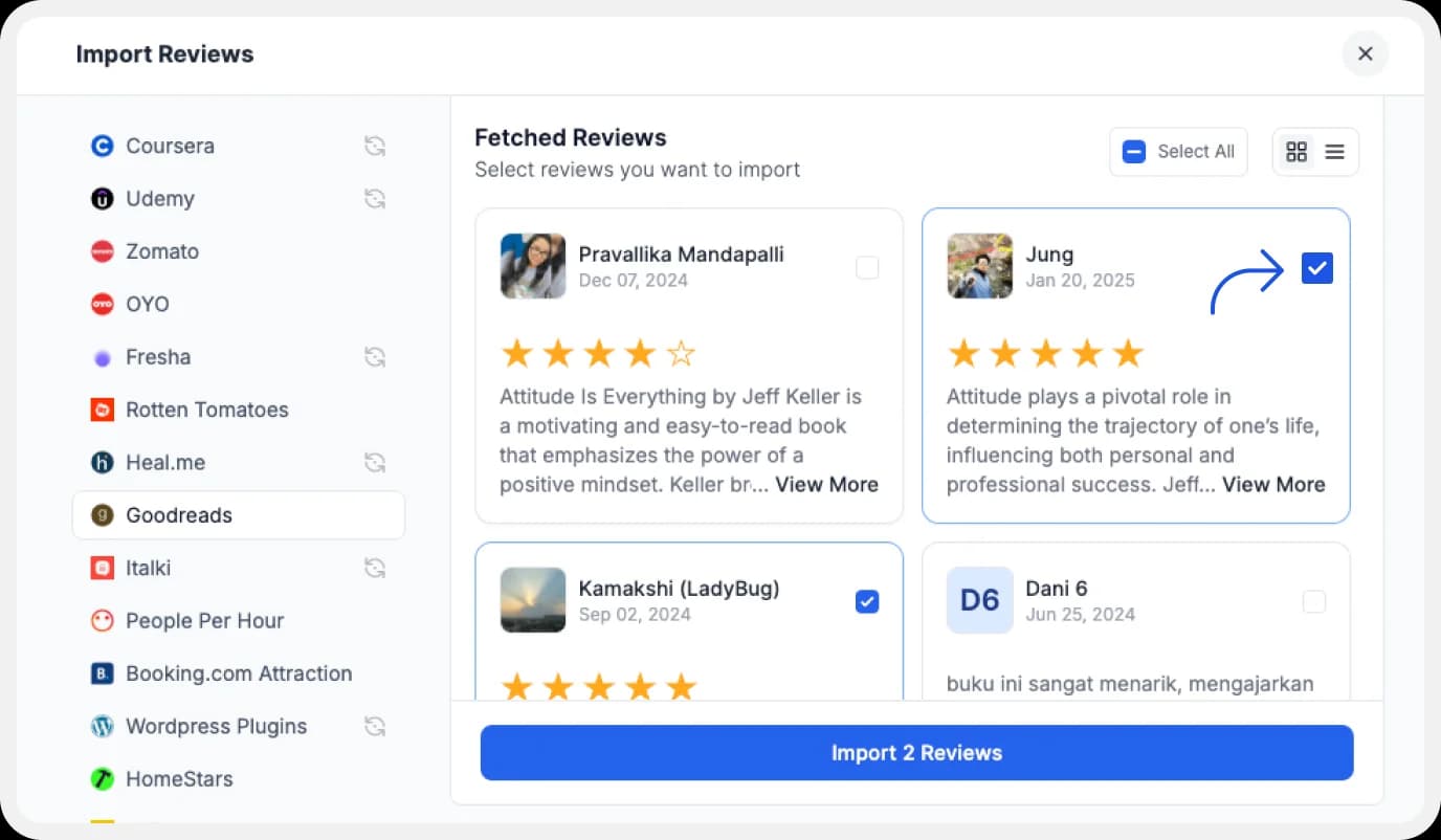 Choose specific Goodreads to import into Feedspace