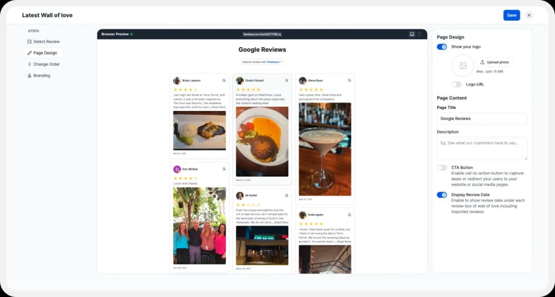 Showing Customization options for the Wall of Love