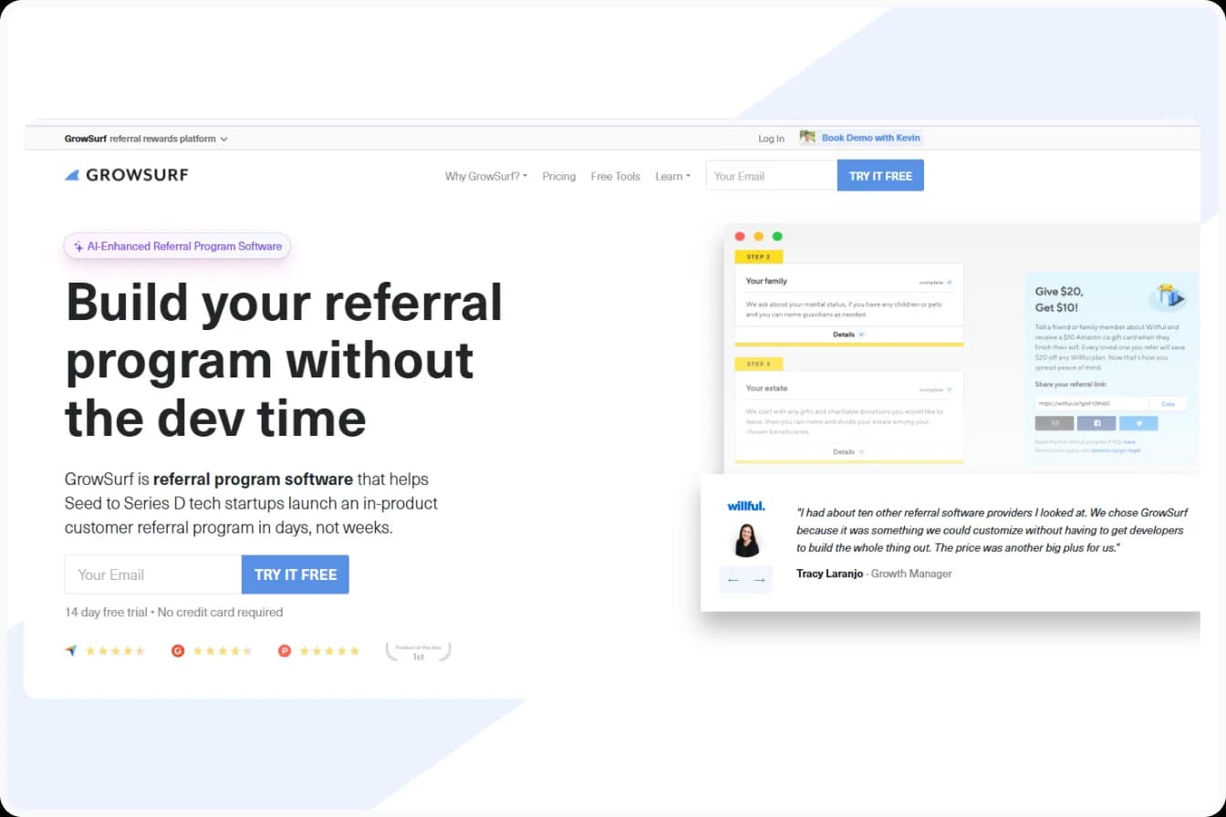 Growsurf website showing testimonial advertising with customer reviews 
