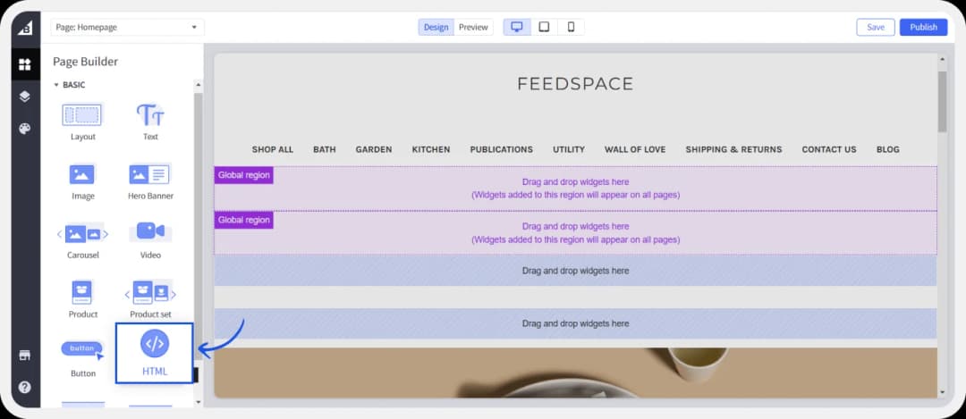 BigCommerce Page Builder with HTML element ready to be placed