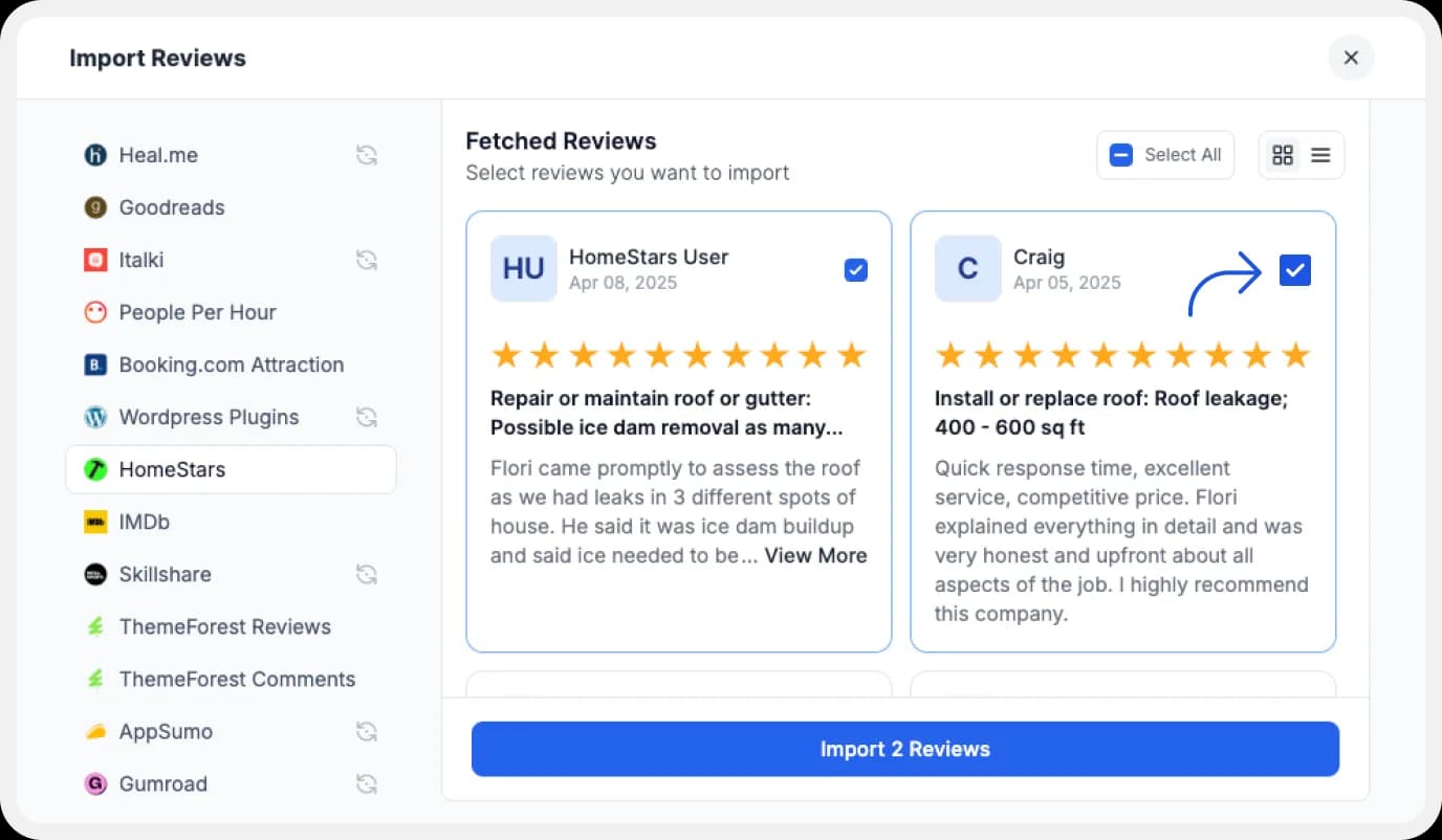 Picking up Homestars reviews to import