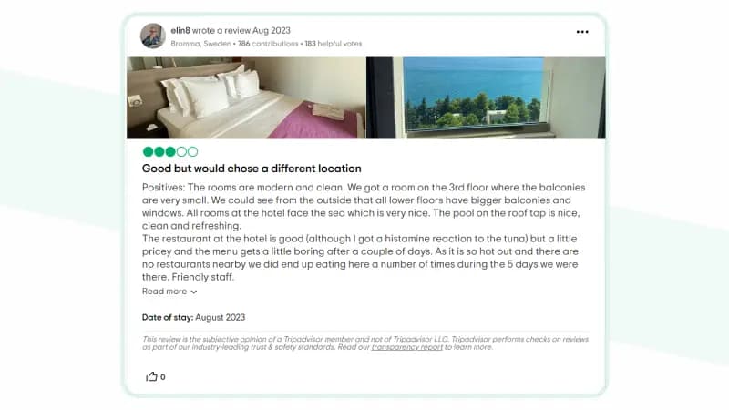 examples of good reviews for Hospitality industry