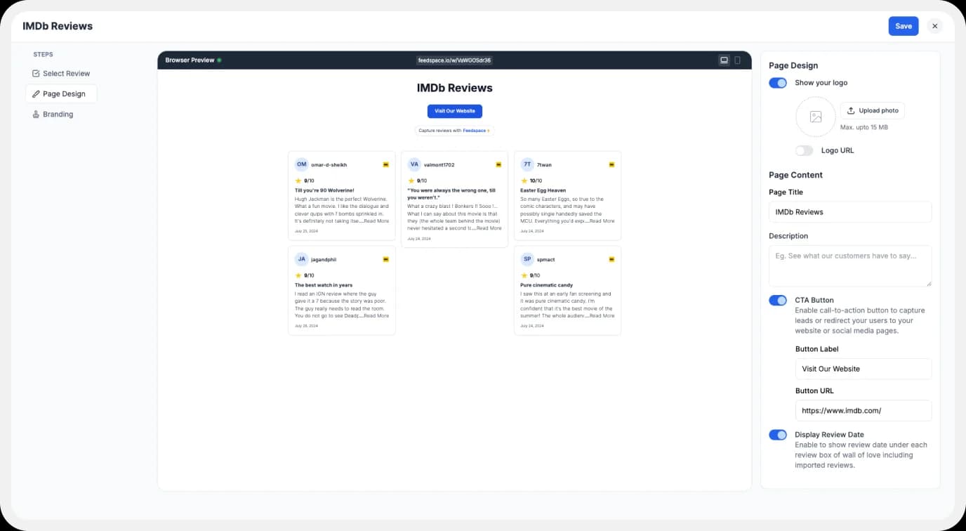 Display settings for customizing Wall of Love