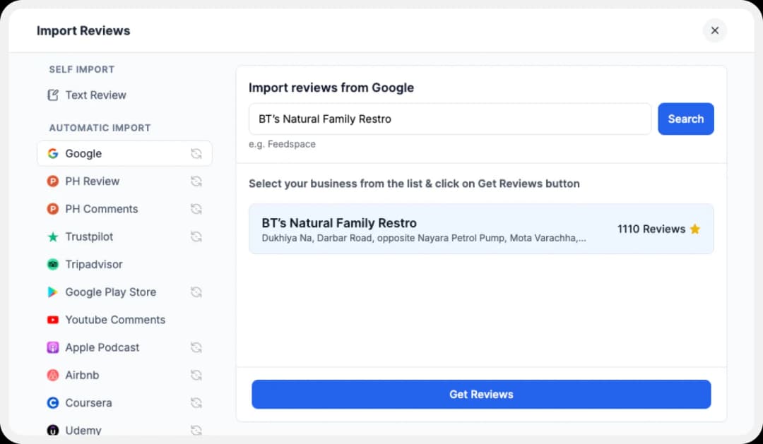 Preview of the list of reviews to import