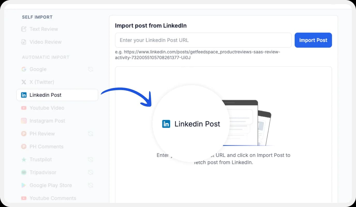 Select LinkedIn to import reviews on Feedspace
