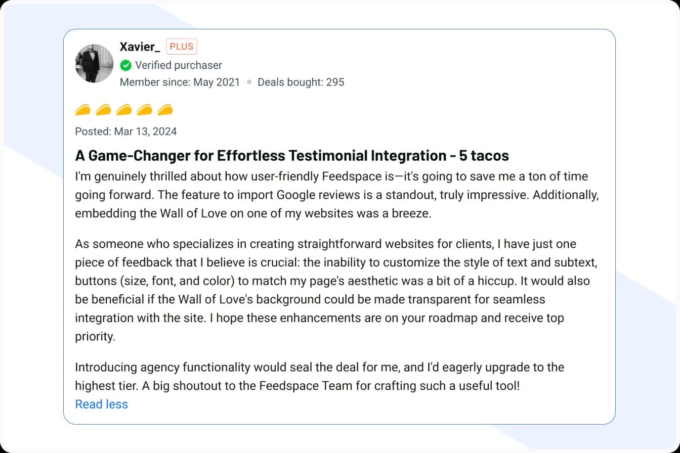 Feedspace review on Appsumo