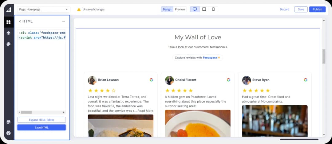 Add Google reviews embed code to BigCommerce