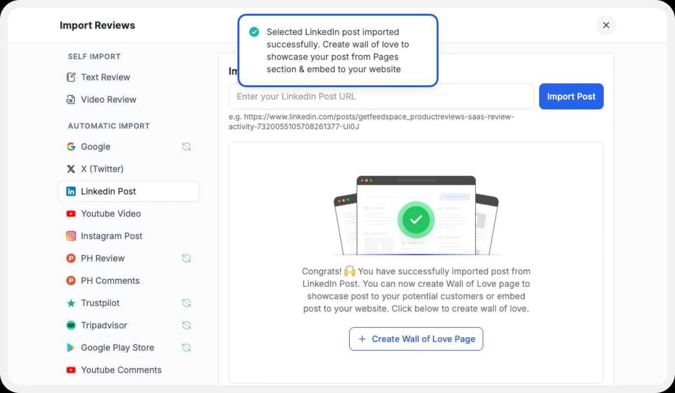 Pick the LinkedIn post URL to import into Feedspace.
