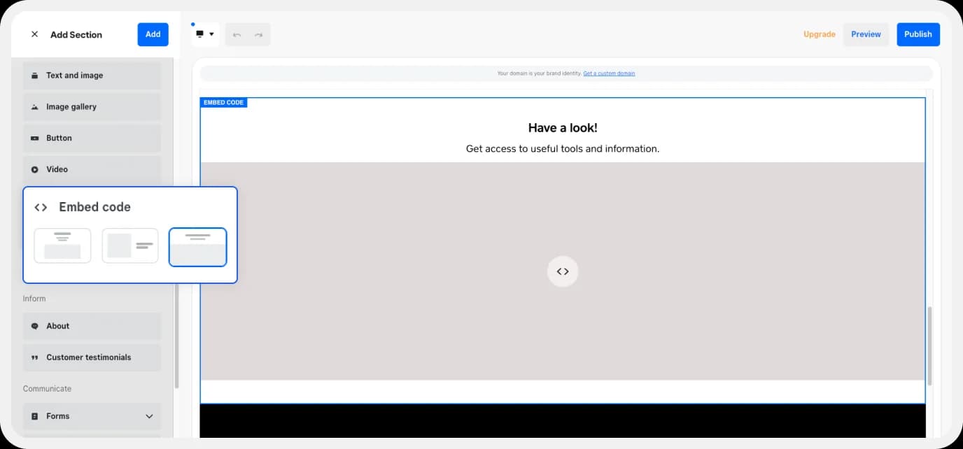 Dragging the embed code block in Weebly editor