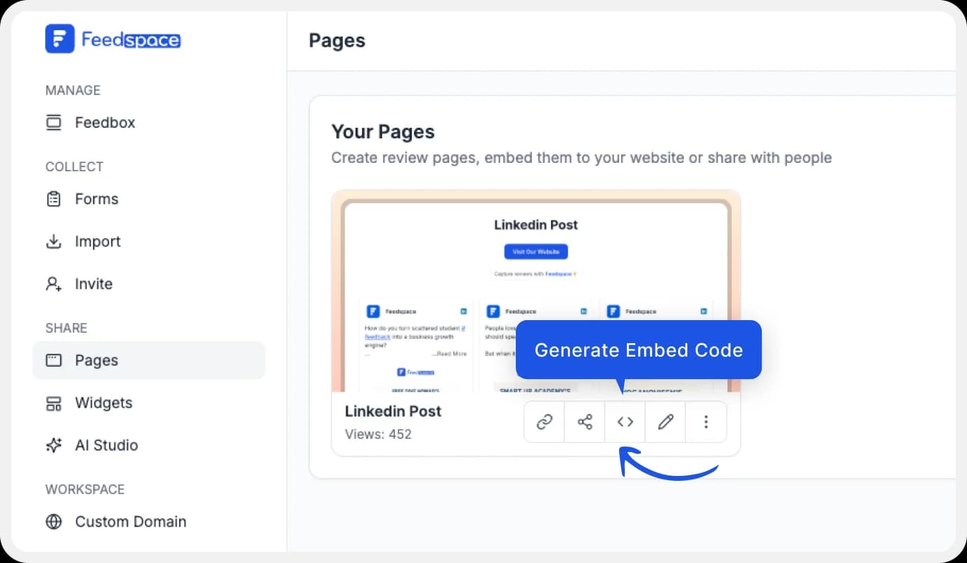 Click on the embed icon to copy the embedded Wall of Love code