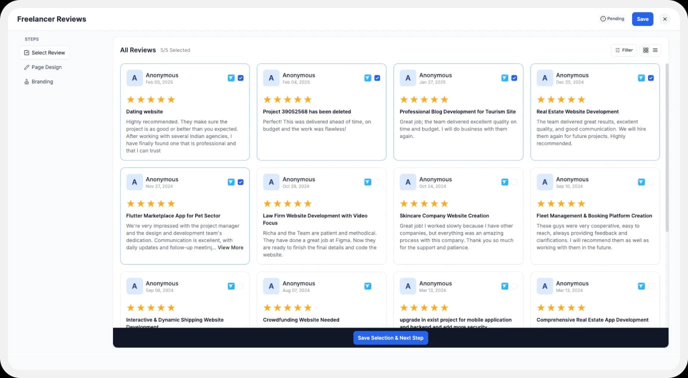 Select Freelancer Reviews to create Wall of Love
