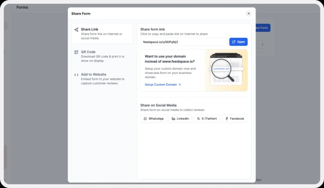 Share your review collection form link via email and social media