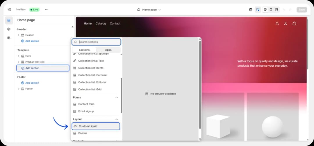 Add Custom HTML block in Shopify editor