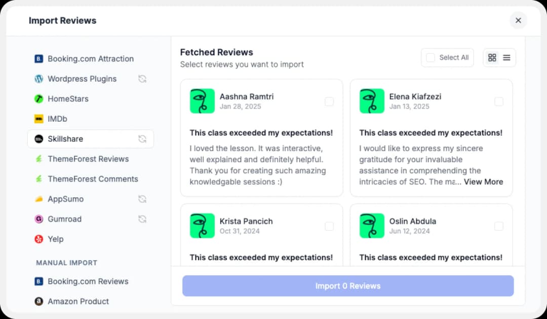 Importing Skillshare reviews into the Feedspace platform