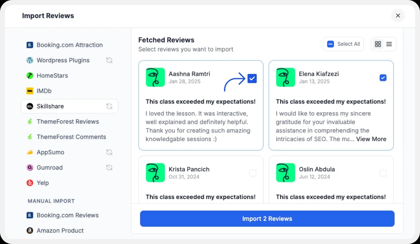 Choosing the best Skillshare reviews to import into Feedspace