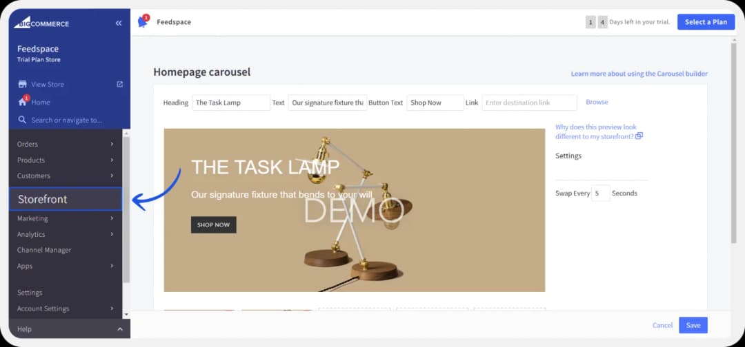 BigCommerce dashboard showing the Storefront and Webpages options