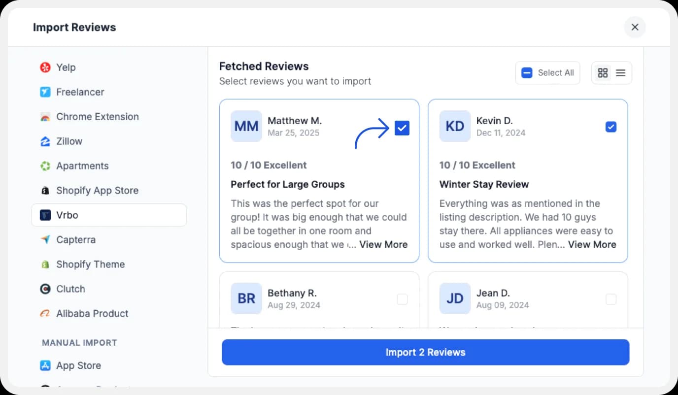 Select your favorite reviews to import into your Feedspace