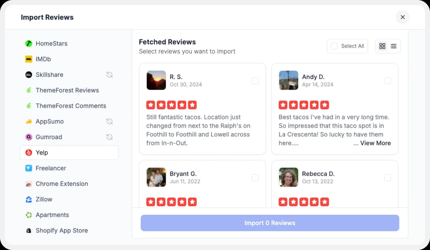 Preview of the list of reviews to import.