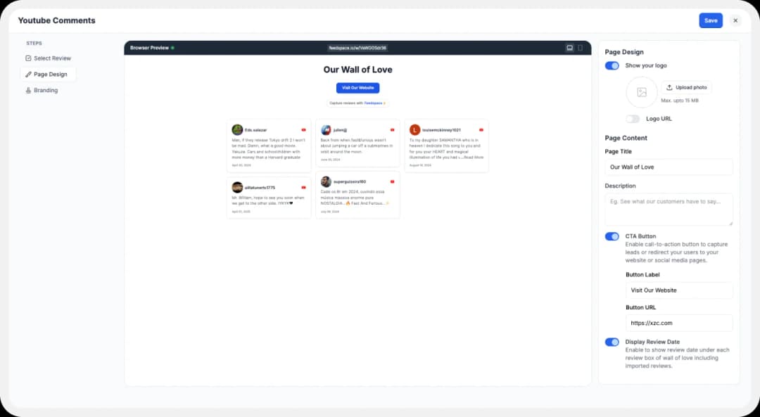 Display settings for customizing Wall of Love