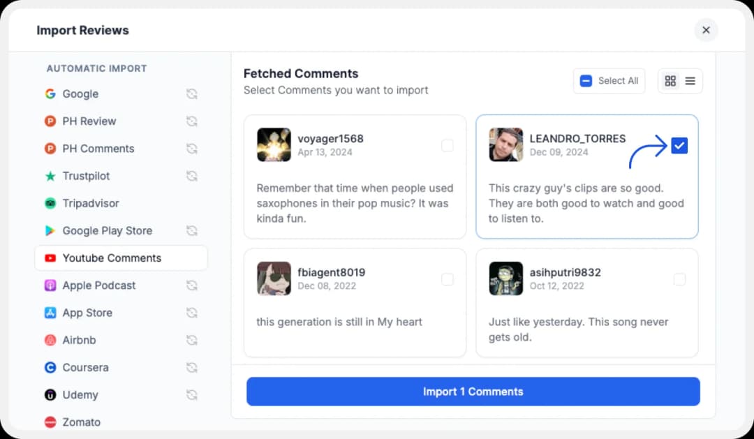 Choosing YouTube Comments to import