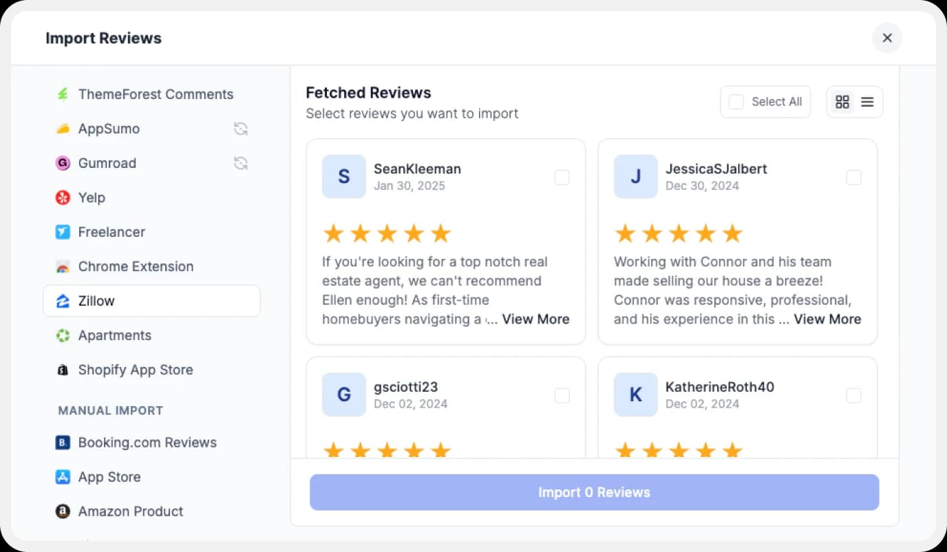 Preview of the list of reviews to import.