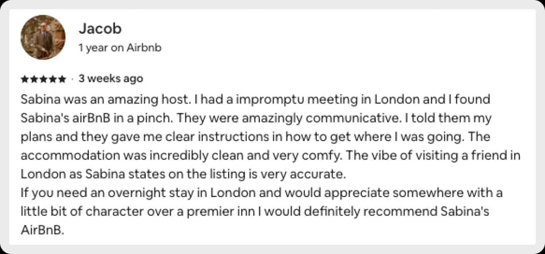 Jacob's review of a great stay and communication at Sabina's Airbnb.