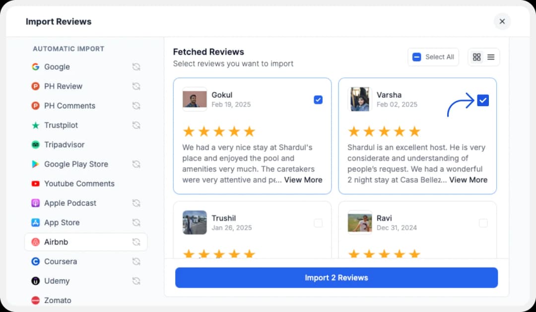 Selecting preferred Airbnb reviews for import
