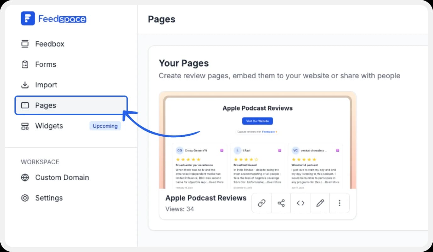 Feedspace Wall of Love dashboard View