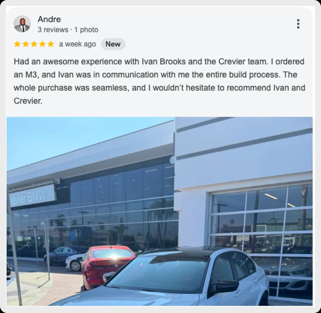 Andre's positive review of his M3 purchase experience at Crevier BMW