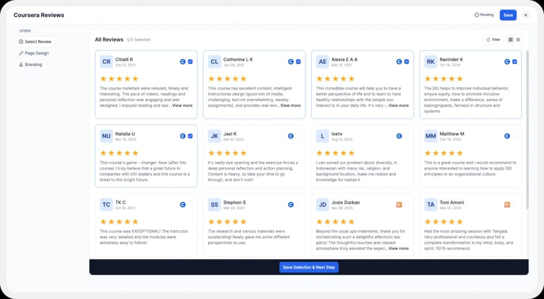Coursera reviews to add on website using wall of love