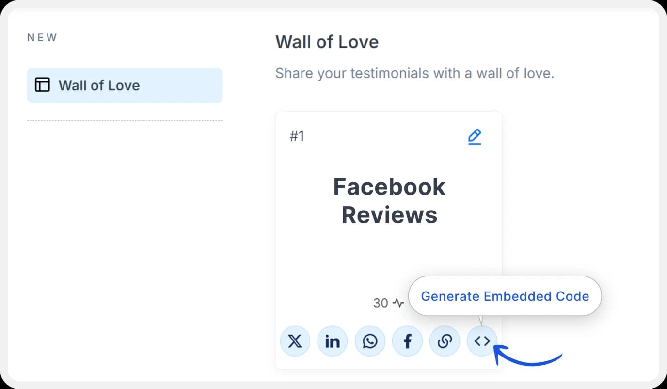 Generate the embed code for Wall of Love.