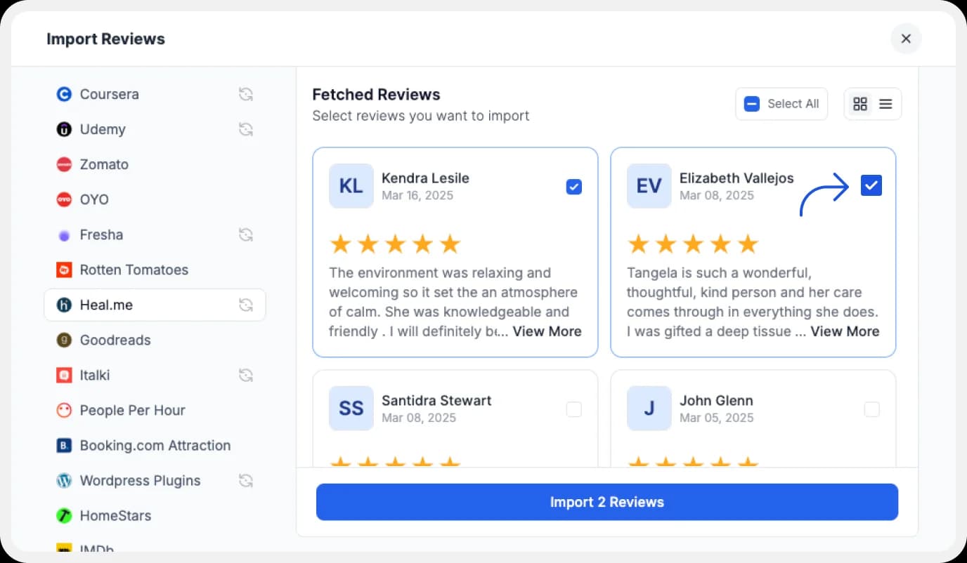 Choosing Heal.me reviews for importing