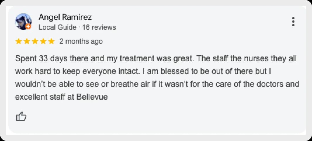 Angel Ramirez review praising Bellevue staff for excellent care.