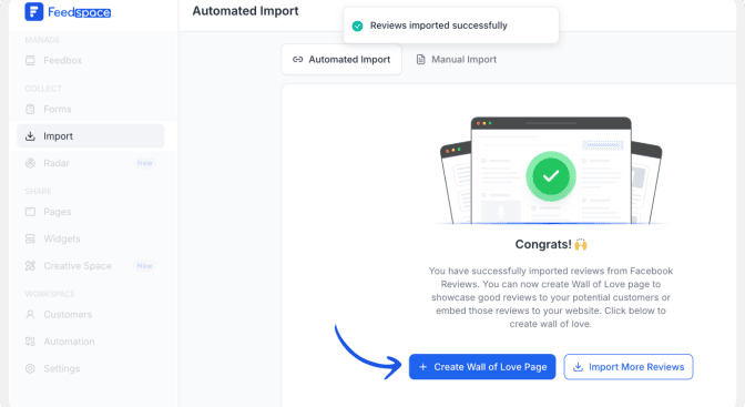 Reviews imported successfully message in Feedspace
