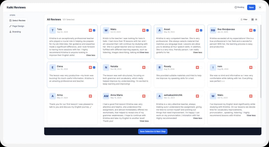 Select reviews to add to Wall of Love