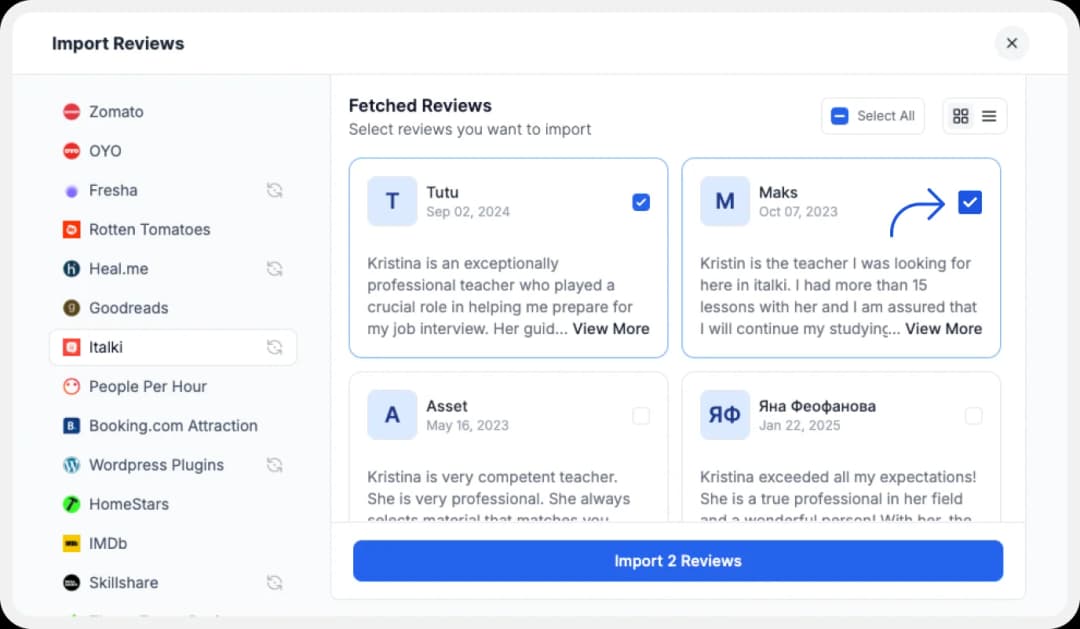 Choosing Italki reviews for importing into Feedspace