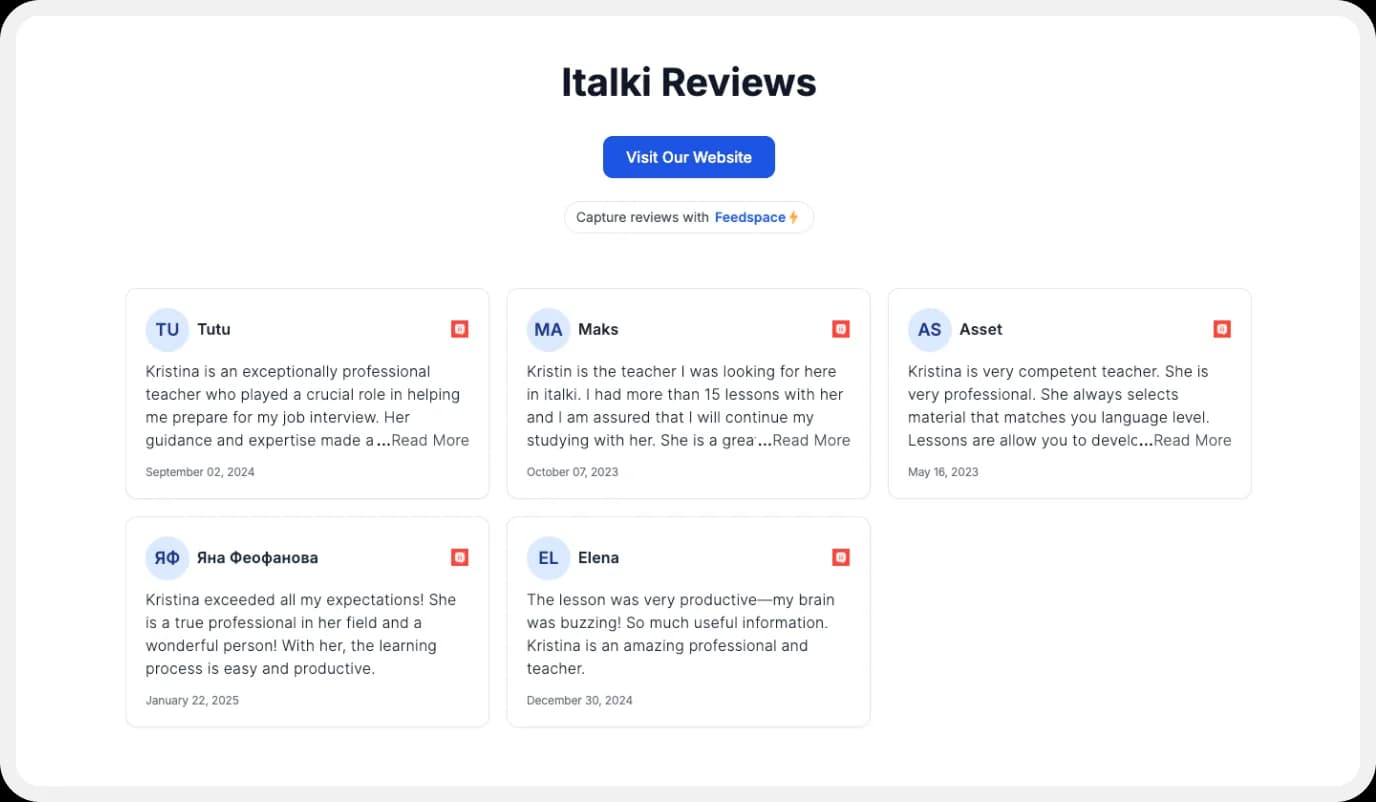 wall of Love to embed Italki reviews on your website