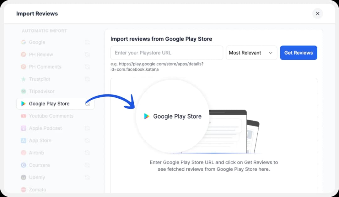 Platforms available for importing reviews to Feedspace