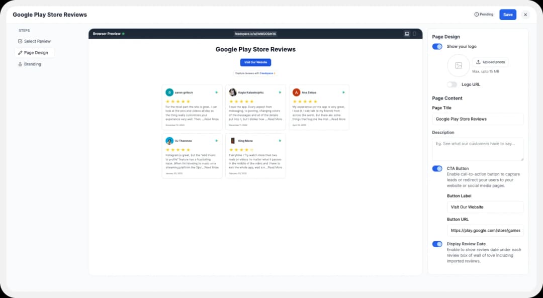 Customizing options for Wall of Love