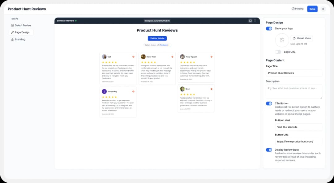Enhance Wall of Love with a logo, title, description, and a button