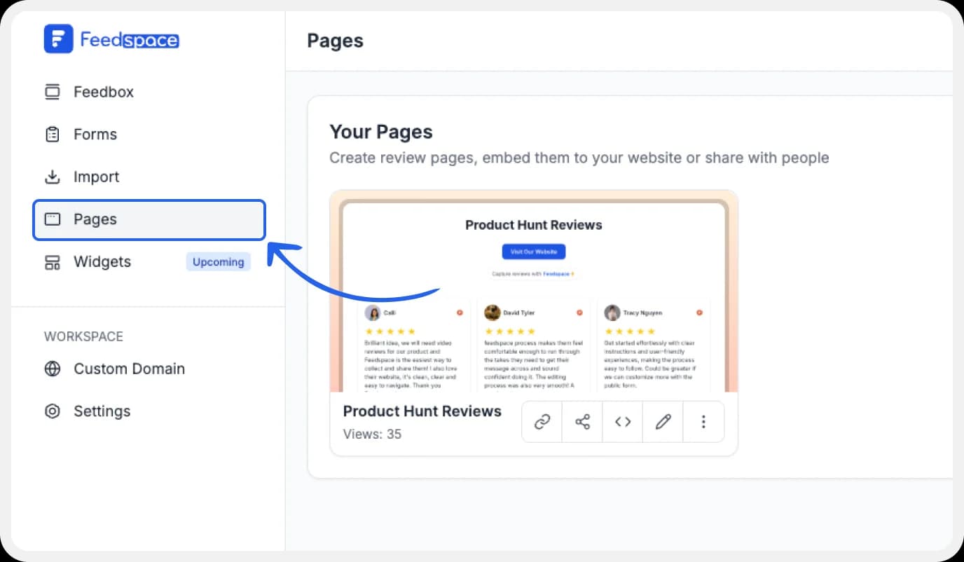 Wall of love Feedspace dashboard