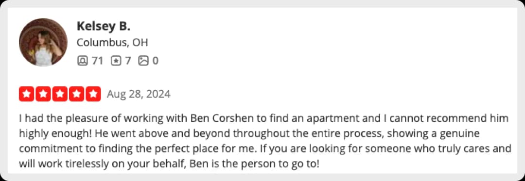 Positive review of Ben Corshen’s realtor services in Columbus