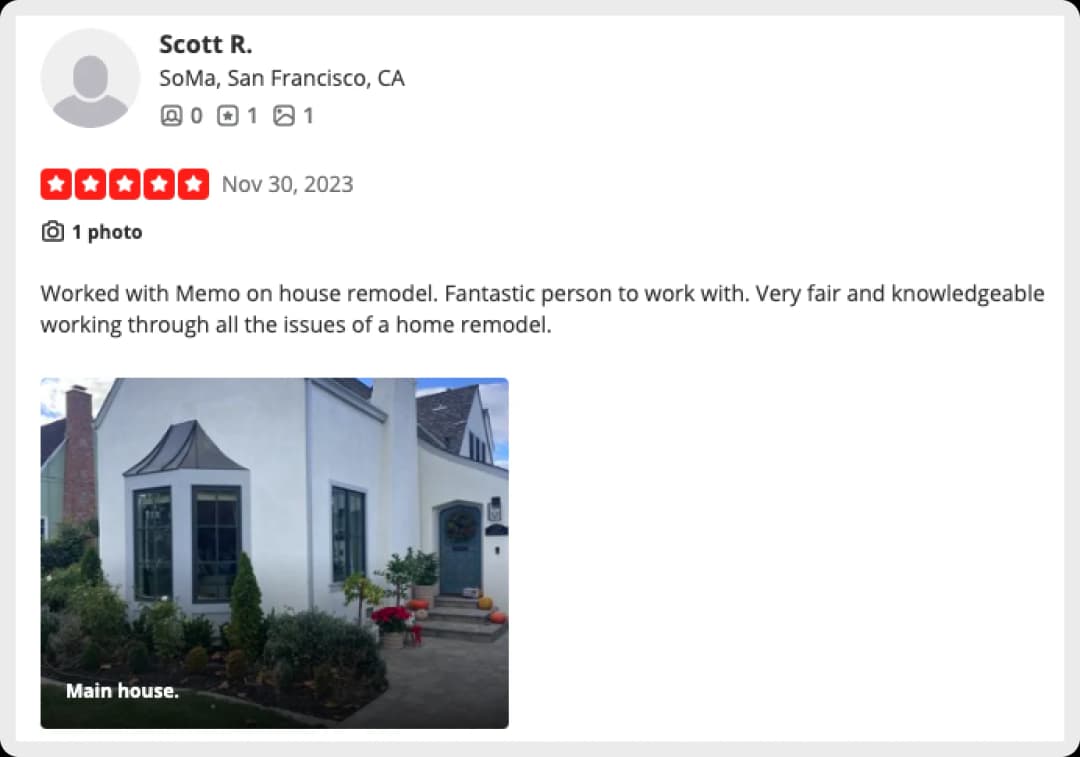 Review of house remodel service with a photo of the finished project